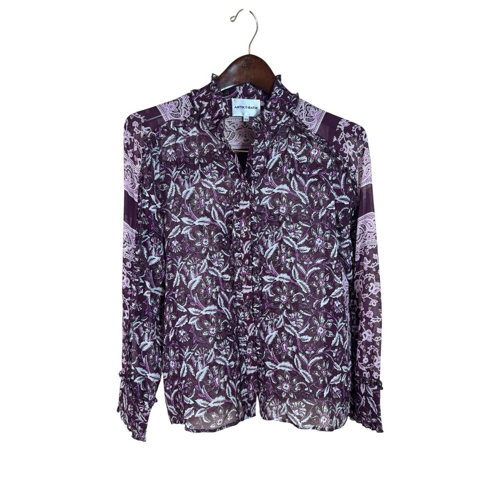 Antik Batik Silk Chiffon Purple Floral Ruffle Blouse
